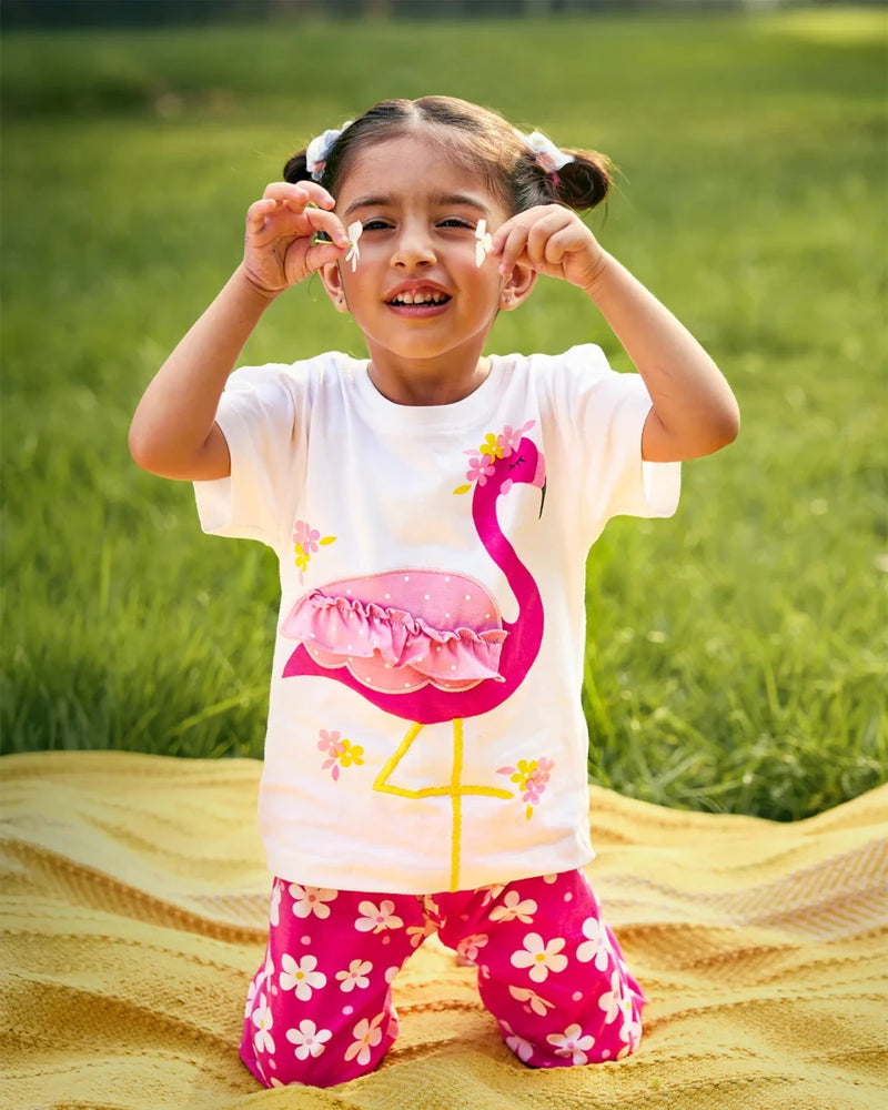 Flamingo Fun Girls Pajama Set Shorts Set color detail | A Tiny Bee kidswear