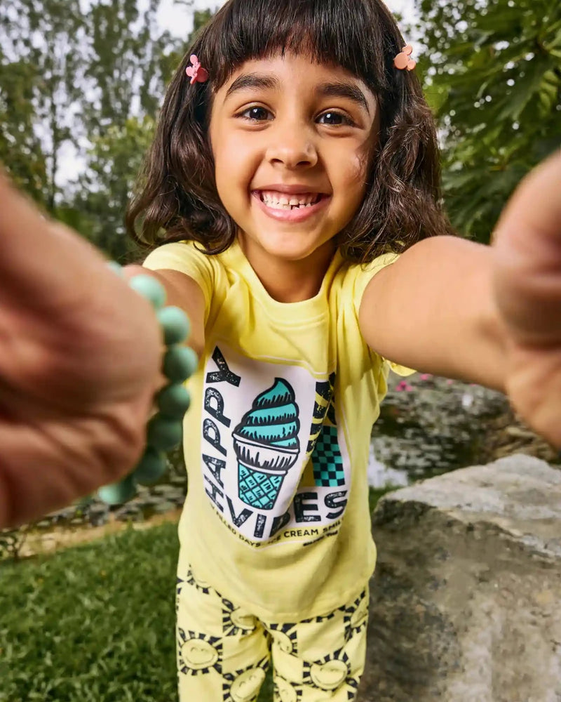 Happy Vibes Pajama Set color detail | A Tiny Bee kidswear