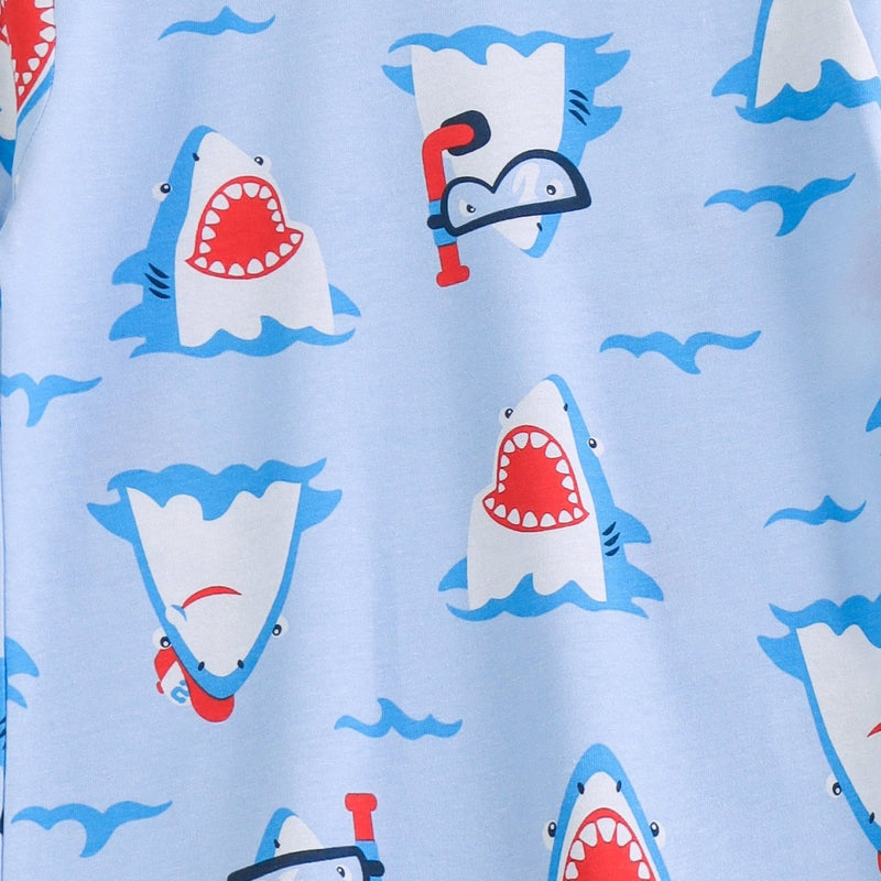 Sharky Splash Shorts Set sleeve, fabric and print detail | A Tiny Bee