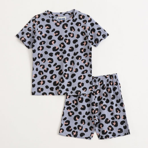 Snow Leopard Shorts Set unisex kids shorts set — front flatlay | A Tiny Bee