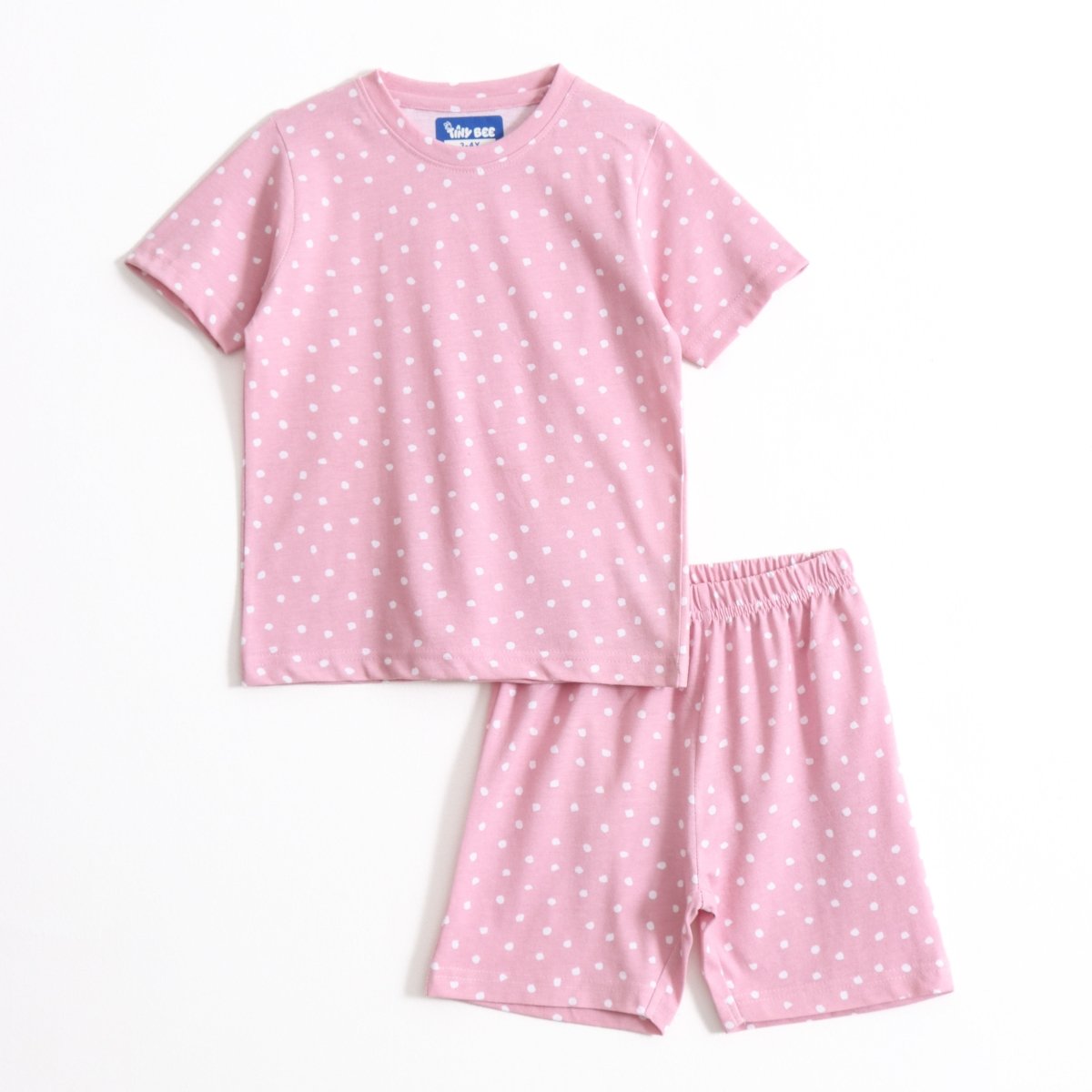 Blush Dot Shorts Set unisex kids shorts set — front flatlay | A Tiny Bee