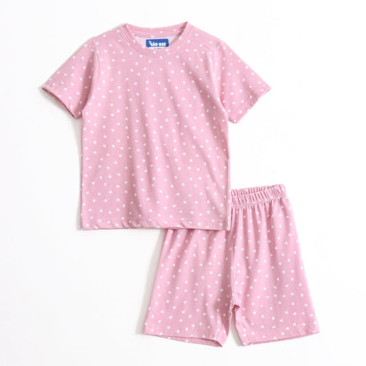 Blush Dot Shorts Set unisex kids shorts set — front flatlay | A Tiny Bee