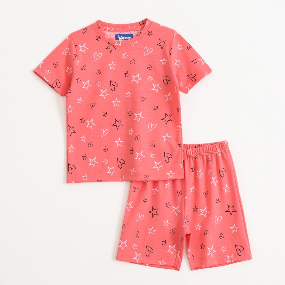 Coral Flutter Shorts Set unisex kids shorts set — front flatlay | A Tiny Bee