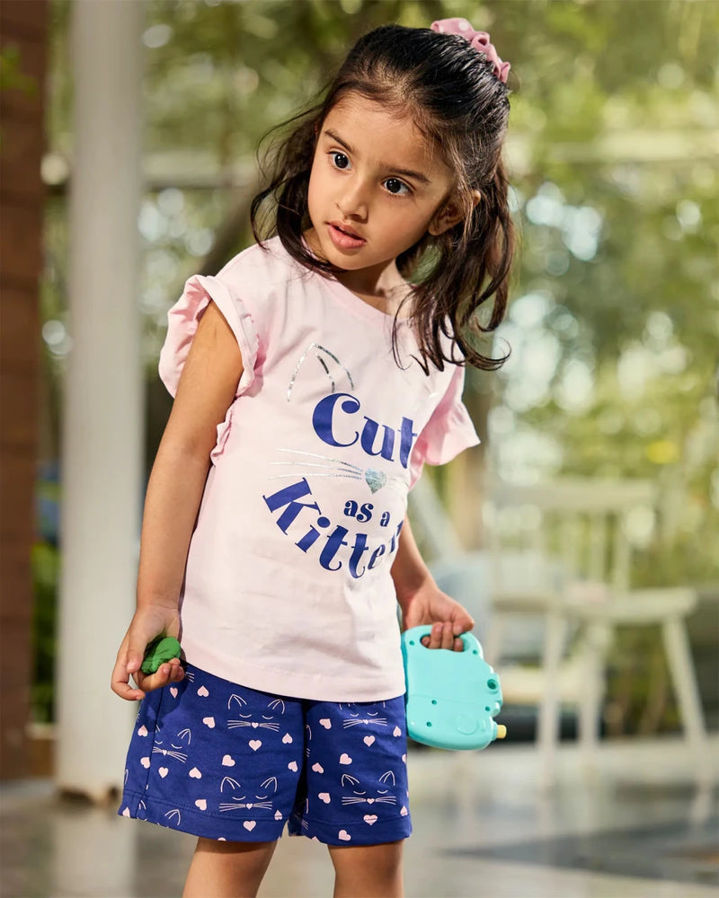 Cute Kitten Girls Shorts Set color detail | A Tiny Bee kidswear