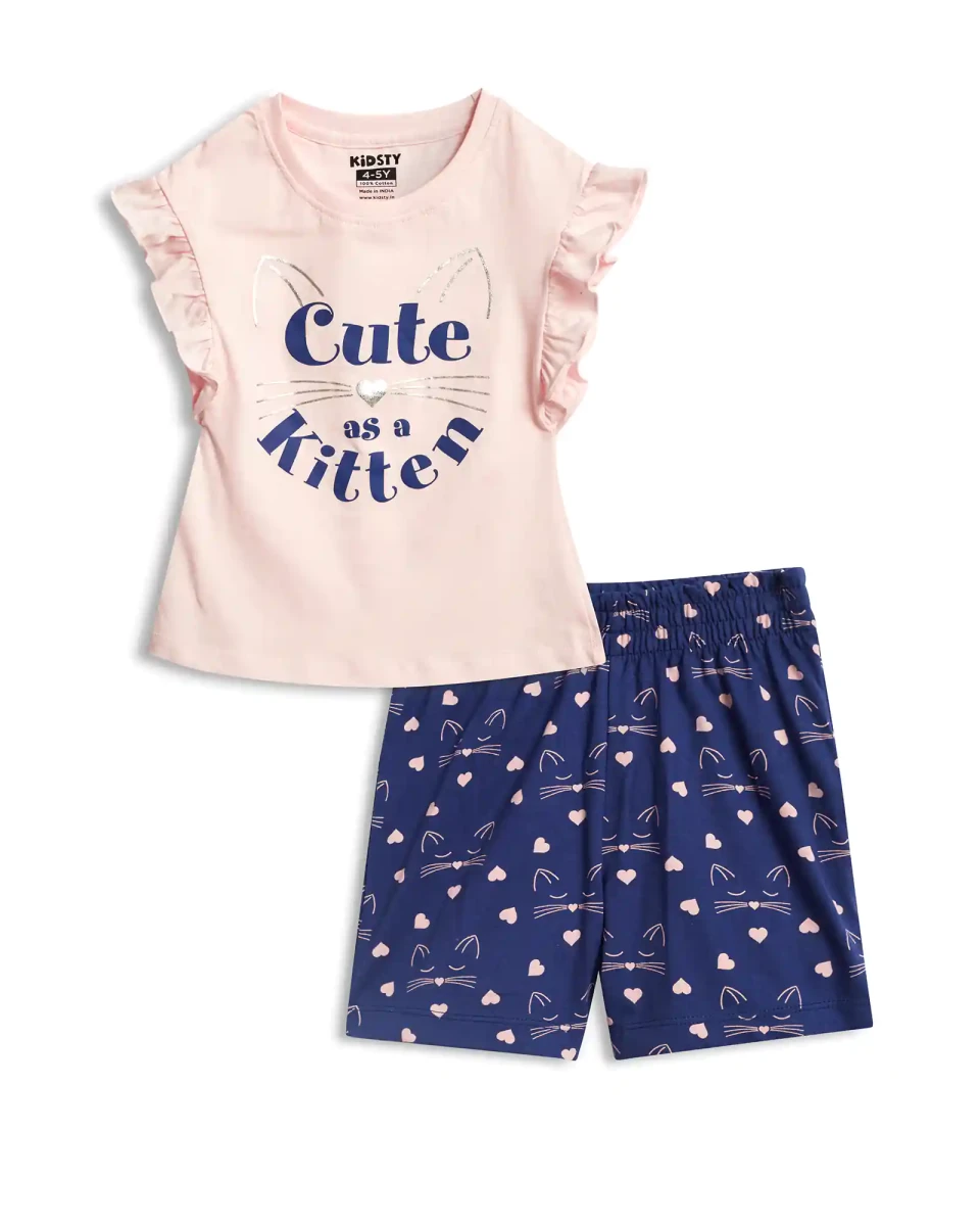Cute Kitten Girls Shorts Set for kids ages 1-7 — front view | A Tiny Bee