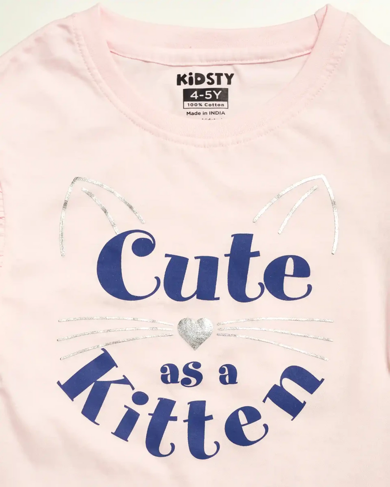 Cute Kitten Girls Shorts Set fabric and fit close-up | A Tiny Bee