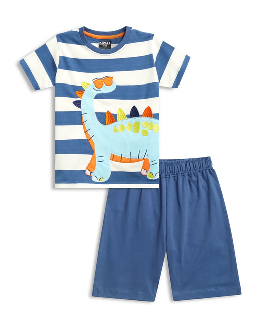 Dino Buddy Boys Shorts Set for kids ages 1-7 — front view | A Tiny Bee