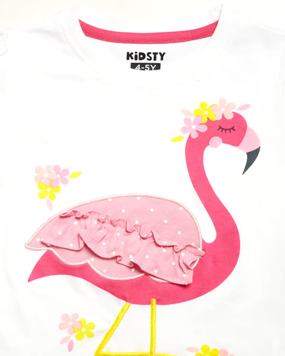 Flamingo Fun Girls Pajama Set Shorts Set fabric and fit close-up | A Tiny Bee
