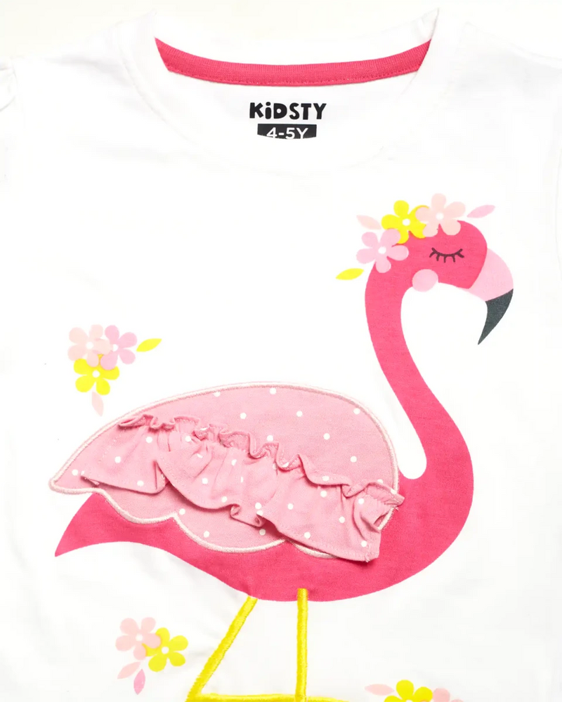 Flamingo Fun Girls Pajama Set Shorts Set fabric and fit close-up | A Tiny Bee