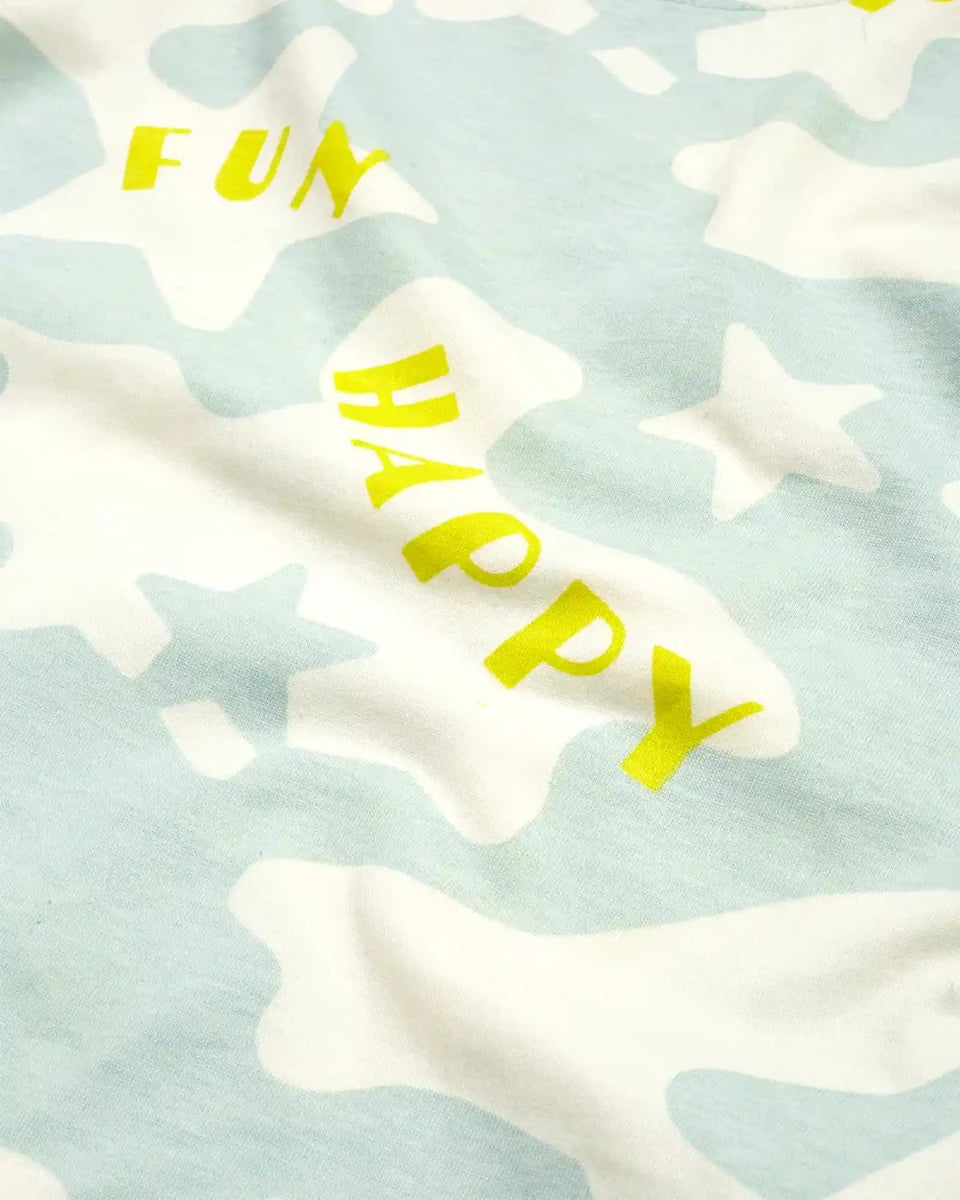 Happy Fun Unisex Pajama Set Shorts Set fabric and fit close-up | A Tiny Bee