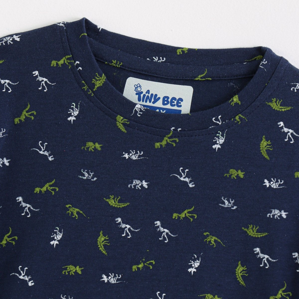 Little Dino Shorts Set fabric and fit close-up | A Tiny Bee