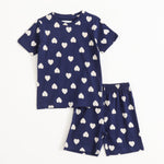 Navy Heart Pop Shorts Set unisex kids shorts set — front flatlay | A Tiny Bee