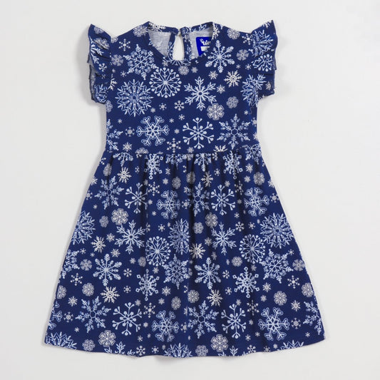 Navy Snowflake Girls Frock — front flatlay | A Tiny Bee