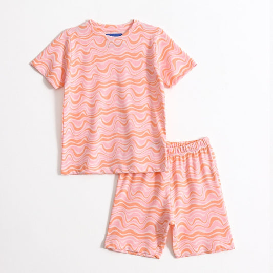 Peach Wave Shorts Set unisex kids shorts set — front flatlay | A Tiny Bee