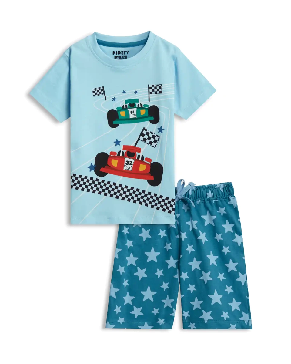 Racing Cars Boys Shorts Set for kids ages 1-7 — front view | A Tiny Bee
