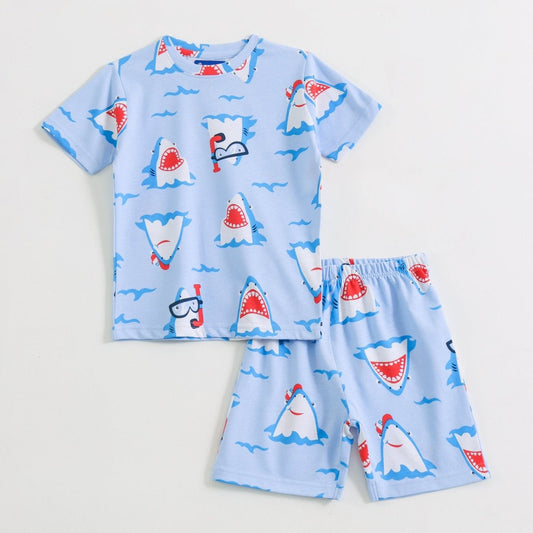 Sharky Splash Shorts Set unisex kids shorts set — front flatlay | A Tiny Bee