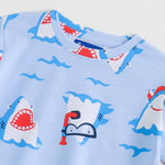 Sharky Splash Shorts Set crew neckline and print detail | A Tiny Bee