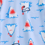 Sharky Splash Shorts Set sleeve, fabric and print detail | A Tiny Bee
