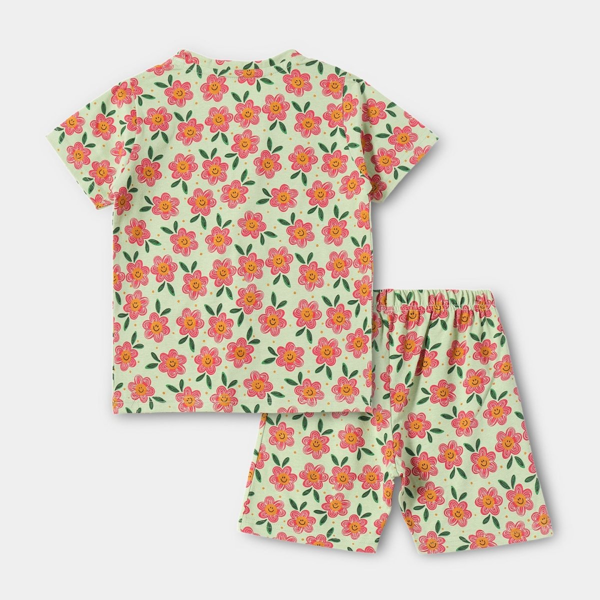 Smiley Flower Shorts Set fabric and fit close-up | A Tiny Bee