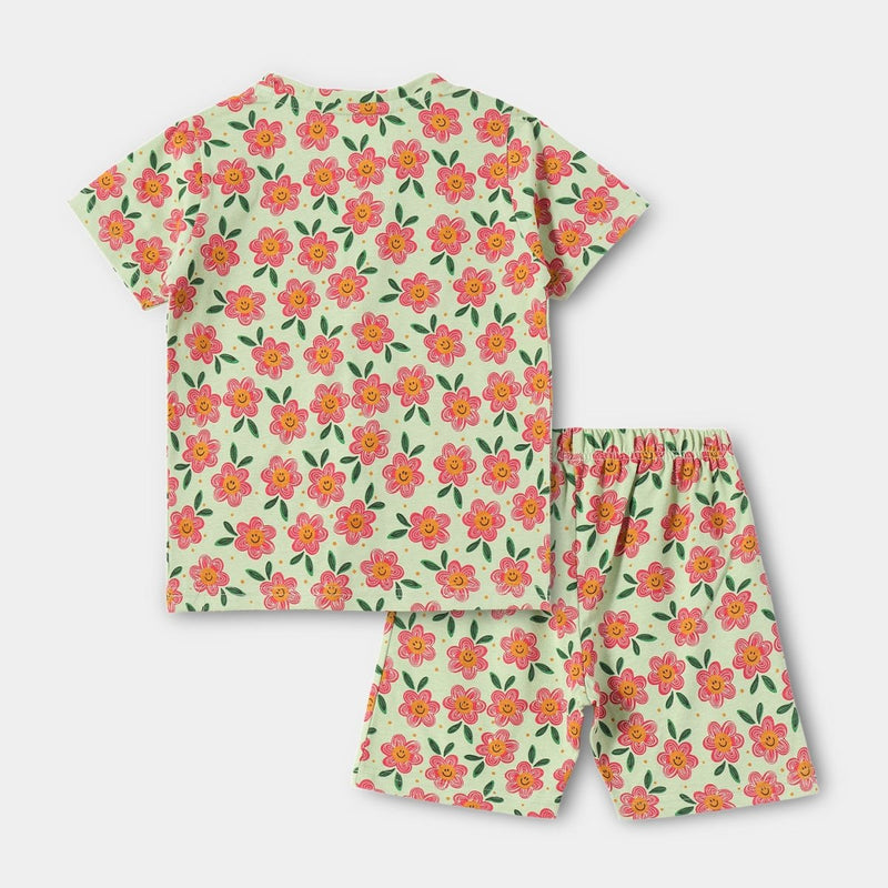 Smiley Flower Shorts Set fabric and fit close-up | A Tiny Bee