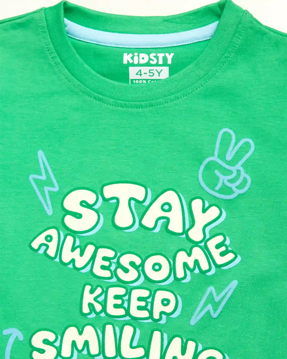 Stay Awesome Boys Shorts Set fabric and fit close-up | A Tiny Bee