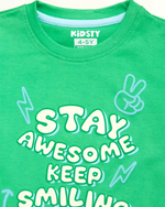 Stay Awesome Boys Shorts Set fabric and fit close-up | A Tiny Bee