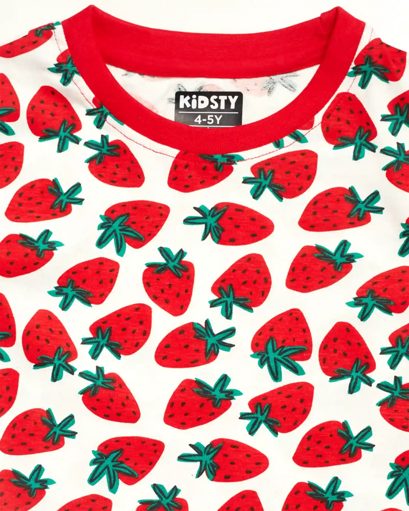Strawberry Girls Pajama Set Shorts Set fabric and fit close-up | A Tiny Bee